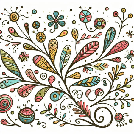 Hand drawn, doodle branch with colorful leaves. Floral element for design of greeting card, invitations and more. Illustration, isolated on white background. Illustration created using aiの写真素材