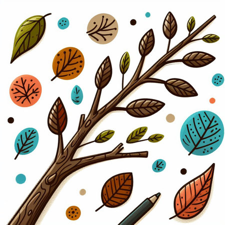 Hand drawn, doodle branch with colorful leaves. Floral element for design of greeting card, invitations and more. Illustration, isolated on white background. Illustration created using aiの写真素材