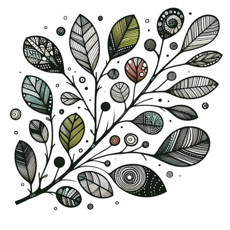 Hand drawn, doodle branch with colorful leaves. Floral element for design of greeting card, invitations and more. Illustration, isolated on white background. Illustration created using aiの写真素材