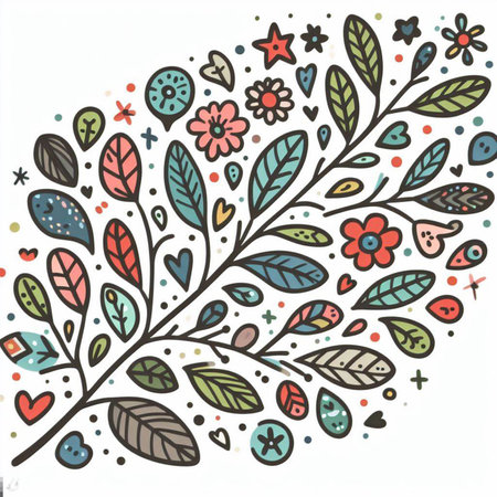 Hand drawn, doodle branch with colorful leaves. Floral element for design of greeting card, invitations and more. Illustration, isolated on white background. Illustration created using aiの写真素材