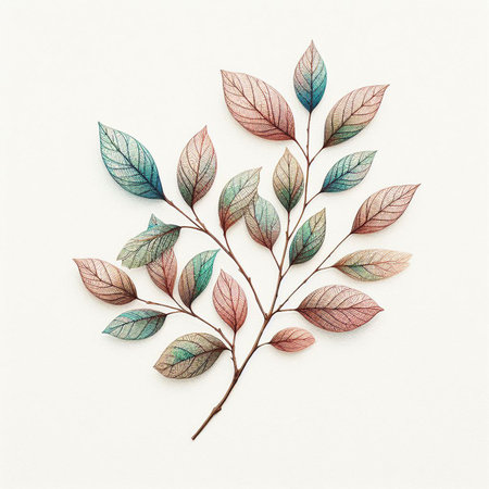 Hand drawn, doodle branch with colorful leaves. Floral element for design of greeting card, invitations and more. Illustration, isolated on white background. Illustration created using aiの写真素材