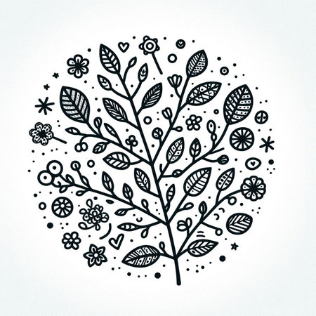 Hand drawn, doodle branch with colorful leaves. Floral element for design of greeting card, invitations and more. Illustration, isolated on white background. Illustration created using aiの写真素材