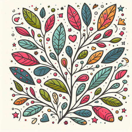 Hand drawn, doodle branch with colorful leaves. Floral element for design of greeting card, invitations and more. Illustration, isolated on white background. Illustration created using aiの写真素材