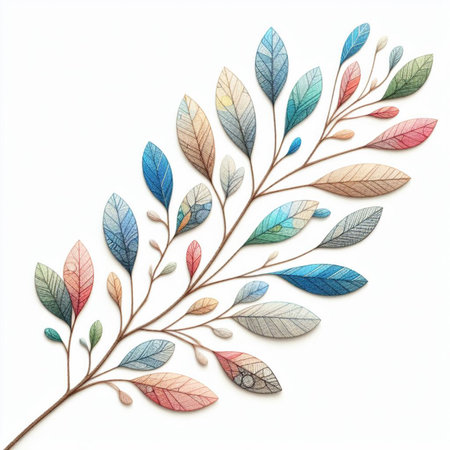 Hand drawn, doodle branch with colorful leaves. Floral element for design of greeting card, invitations and more. Illustration, isolated on white background. Illustration created using aiの写真素材