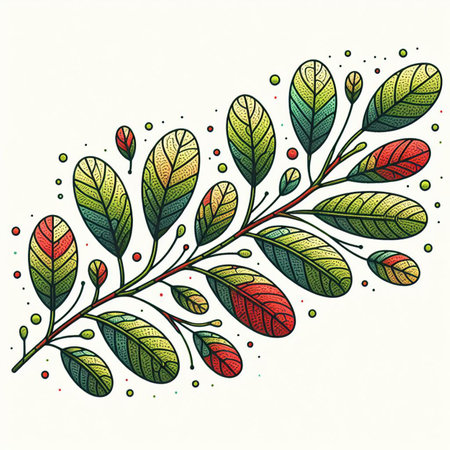 Hand drawn, doodle branch with colorful leaves. Floral element for design of greeting card, invitations and more. Illustration, isolated on white background. Illustration created using aiの写真素材