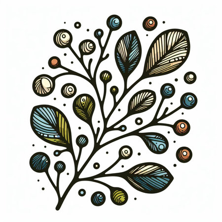 Hand drawn, doodle branch with colorful leaves. Floral element for design of greeting card, invitations and more. Illustration, isolated on white background. Illustration created using aiの写真素材