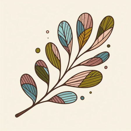 Hand drawn, doodle branch with colorful leaves. Floral element for design of greeting card, invitations and more. Illustration, isolated on white background. Illustration created using aiの写真素材