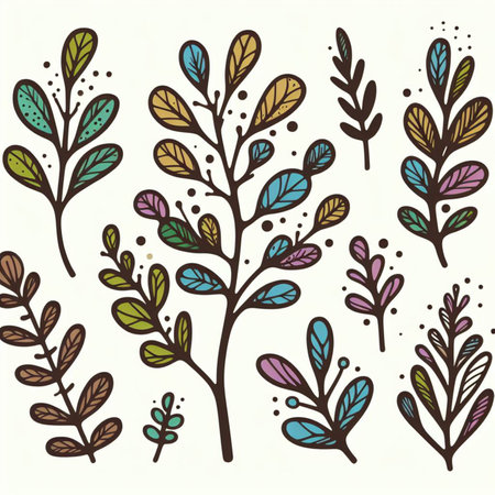 Hand drawn, doodle branch with colorful leaves. Floral element for design of greeting card, invitations and more. Illustration, isolated on white background. Illustration created using aiの写真素材