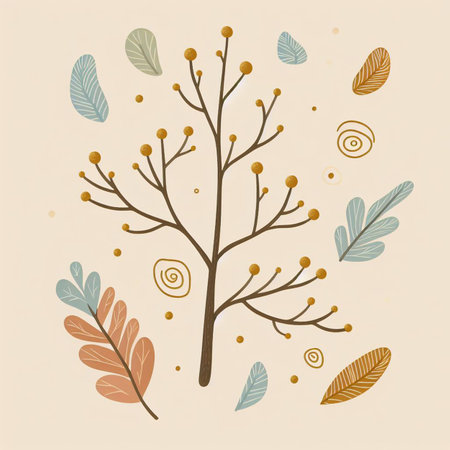 Hand drawn, doodle branch with colorful leaves. Floral element for design of greeting card, invitations and more. Illustration, isolated on white background. Illustration created using aiの写真素材
