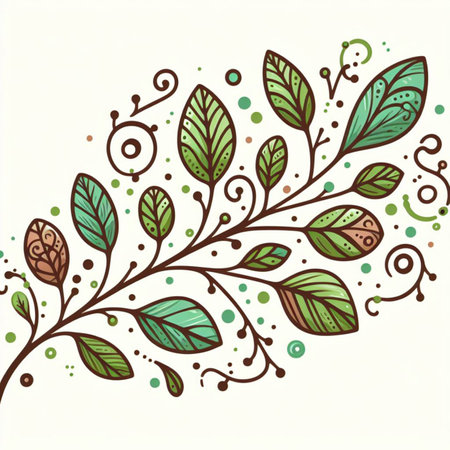 Hand drawn, doodle branch with colorful leaves. Floral element for design of greeting card, invitations and more. Illustration, isolated on white background. Illustration created using aiの写真素材