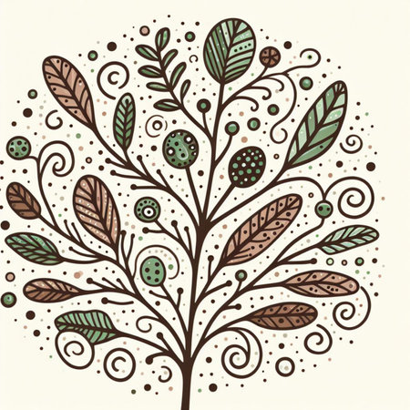 Hand drawn, doodle branch with colorful leaves. Floral element for design of greeting card, invitations and more. Illustration, isolated on white background. Illustration created using aiの写真素材