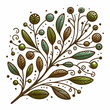 Hand drawn, doodle branch with colorful leaves. Floral element for design of greeting card, invitations and more. Illustration, isolated on white background. Illustration created using aiの写真素材
