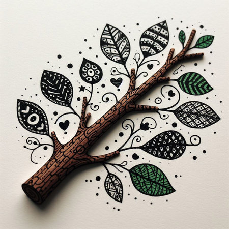 Hand drawn, doodle branch with colorful leaves. Floral element for design of greeting card, invitations and more. Illustration, isolated on white background. Illustration created using aiの写真素材