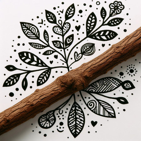 Hand drawn, doodle branch with colorful leaves. Floral element for design of greeting card, invitations and more. Illustration, isolated on white background. Illustration created using aiの写真素材