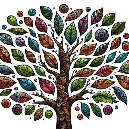 Hand drawn, doodle branch with colorful leaves. Floral element for design of greeting card, invitations and more. Illustration, isolated on white background. Illustration created using aiの写真素材