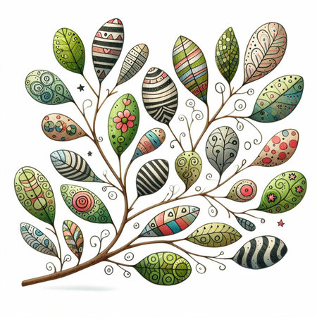 Hand drawn, doodle branch with colorful leaves. Floral element for design of greeting card, invitations and more. Illustration, isolated on white background. Illustration created using aiの写真素材