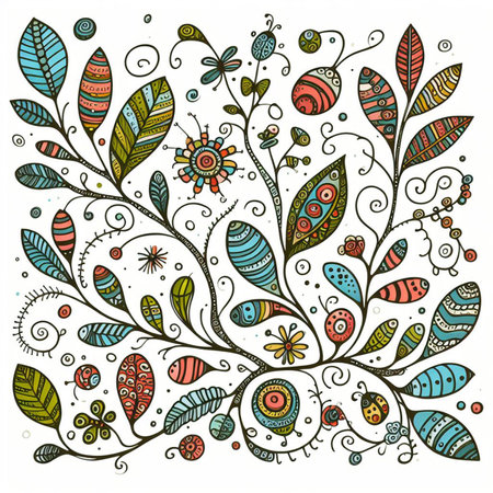 Hand drawn, doodle branch with colorful leaves. Floral element for design of greeting card, invitations and more. Illustration, isolated on white background. Illustration created using aiの写真素材