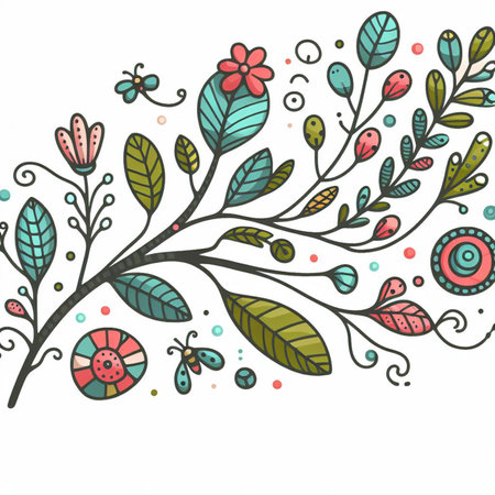 Hand drawn, doodle branch with colorful leaves. Floral element for design of greeting card, invitations and more. Illustration, isolated on white background. Illustration created using aiの写真素材