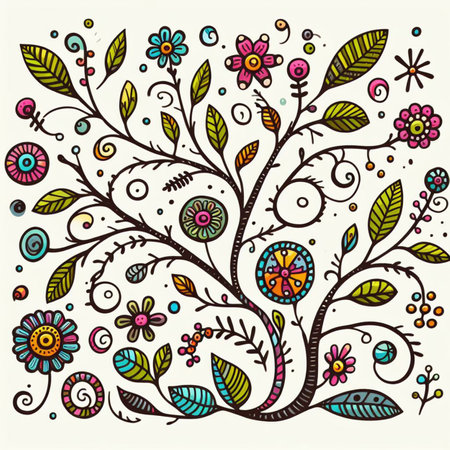 Hand drawn, doodle branch with colorful leaves. Floral element for design of greeting card, invitations and more. Illustration, isolated on white background. Illustration created using aiの写真素材