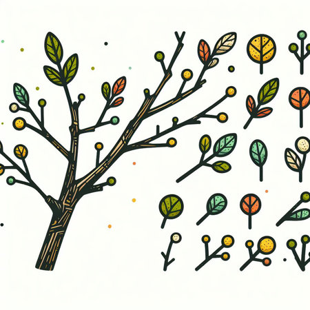 Hand drawn, doodle branch with colorful leaves. Floral element for design of greeting card, invitations and more. Illustration, isolated on white background. Illustration created using aiの写真素材