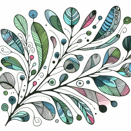 Hand drawn, doodle branch with colorful leaves. Floral element for design of greeting card, invitations and more. Illustration, isolated on white background. Illustration created using aiの写真素材