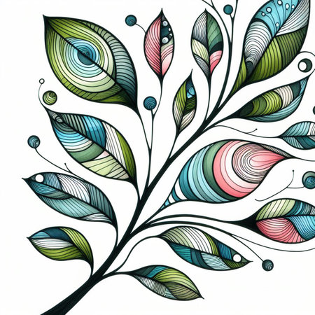 Hand drawn, doodle branch with colorful leaves. Floral element for design of greeting card, invitations and more. Illustration, isolated on white background. Illustration created using aiの写真素材