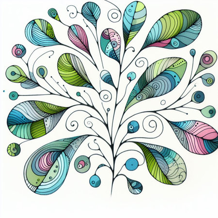Hand drawn, doodle branch with colorful leaves. Floral element for design of greeting card, invitations and more. Illustration, isolated on white background. Illustration created using aiの写真素材