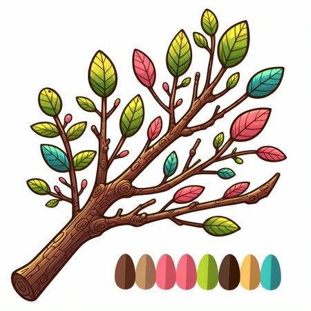 Hand drawn, doodle branch with colorful leaves. Floral element for design of greeting card, invitations and more. Illustration, isolated on white background. Illustration created using aiの写真素材