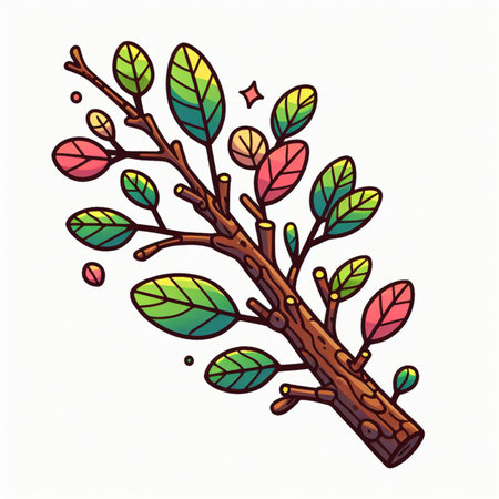 Hand drawn, doodle branch with colorful leaves. Floral element for design of greeting card, invitations and more. Illustration, isolated on white background. Illustration created using aiの写真素材