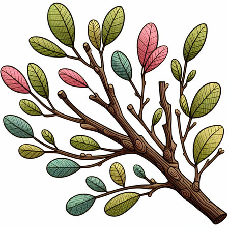 Hand drawn, doodle branch with colorful leaves. Floral element for design of greeting card, invitations and more. Illustration, isolated on white background. Illustration created using aiの写真素材
