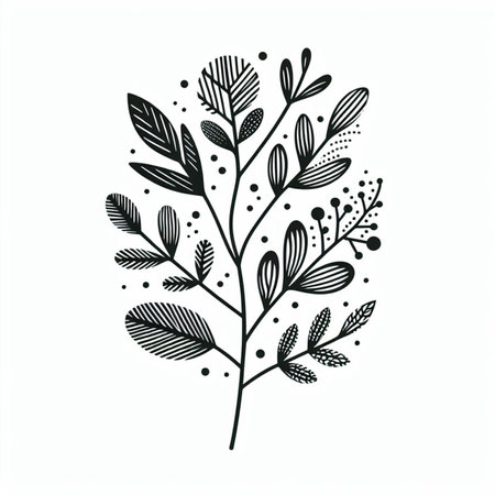 Hand drawn, doodle branch with colorful leaves. Floral element for design of greeting card, invitations and more. Illustration, isolated on white background. Illustration created using aiの写真素材