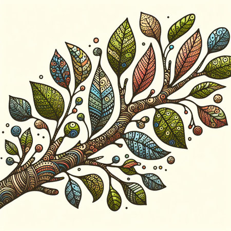 Hand drawn, doodle branch with colorful leaves. Floral element for design of greeting card, invitations and more. Illustration, isolated on white background. Illustration created using aiの写真素材
