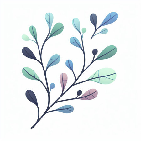 Hand drawn, doodle branch with colorful leaves. Floral element for design of greeting card, invitations and more. Illustration, isolated on white background. Illustration created using aiの写真素材