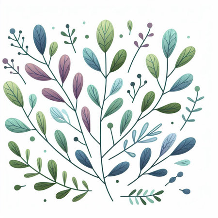 Hand drawn, doodle branch with colorful leaves. Floral element for design of greeting card, invitations and more. Illustration, isolated on white background. Illustration created using aiの写真素材
