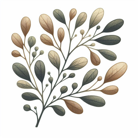 Hand drawn, doodle branch with colorful leaves. Floral element for design of greeting card, invitations and more. Illustration, isolated on white background. Illustration created using aiの写真素材