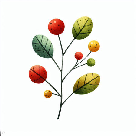 Hand drawn, doodle branch with colorful leaves. Floral element for design of greeting card, invitations and more. Illustration, isolated on white background. Illustration created using aiの写真素材