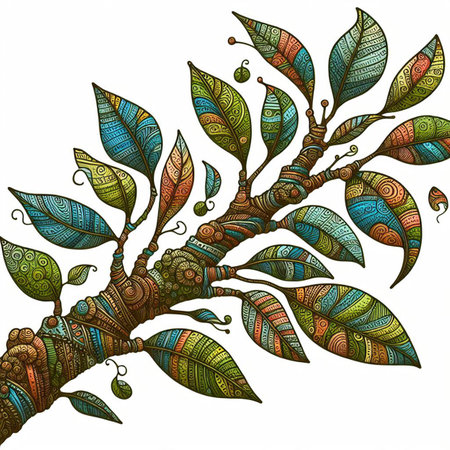 Hand drawn, doodle branch with colorful leaves. Floral element for design of greeting card, invitations and more. Illustration, isolated on white background. Illustration created using aiの写真素材