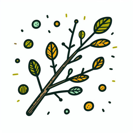 Hand drawn, doodle branch with colorful leaves. Floral element for design of greeting card, invitations and more. Illustration, isolated on white background.の写真素材