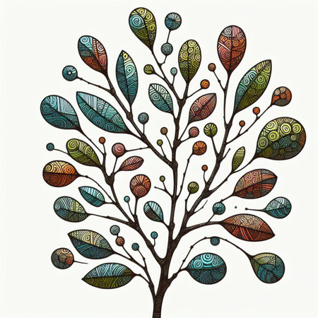 Hand drawn, doodle branch with colorful leaves. Floral element for design of greeting card, invitations and more. Illustration, isolated on white background. Illustration created using aiの写真素材
