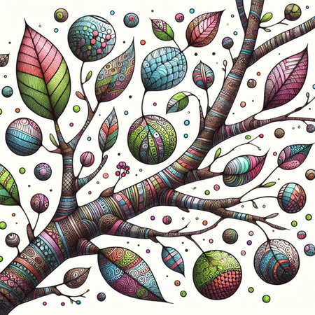 Hand drawn, doodle branch with colorful leaves. Floral element for design of greeting card, invitations and more. Illustration, isolated on white background. Illustration created using aiの写真素材