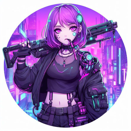 Portrait of a sci-fi neon cyberpunk girl in a cyber suit. High-tech futuristic man from the future. The concept of virtual reality and cyberpunk. Generated using artificial intelligenceの写真素材