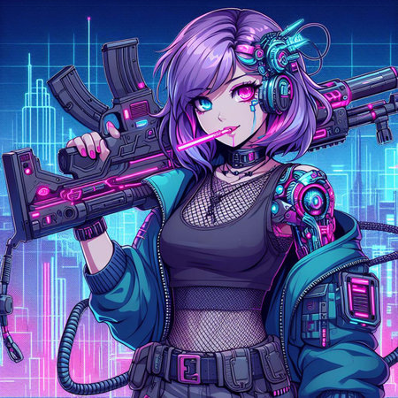 Portrait of a sci-fi neon cyberpunk girl in a cyber suit. High-tech futuristic man from the future. The concept of virtual reality and cyberpunk. Generated using artificial intelligenceの写真素材