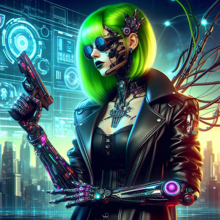 Portrait of a sci-fi neon cyberpunk girl in a cyber suit. High-tech futuristic man from the future. The concept of virtual reality and cyberpunk. Generated using artificial intelligenceの写真素材
