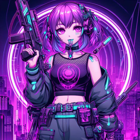 Portrait of a sci-fi neon cyberpunk girl in a cyber suit. High-tech futuristic man from the future. The concept of virtual reality and cyberpunk. Generated using artificial intelligenceの写真素材