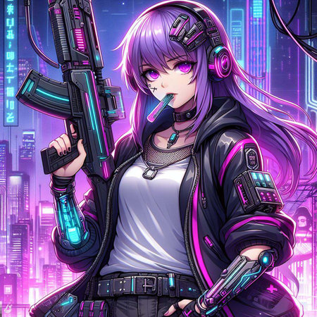 Portrait of a sci-fi neon cyberpunk girl in a cyber suit. High-tech futuristic man from the future. The concept of virtual reality and cyberpunk. Generated using artificial intelligenceの写真素材