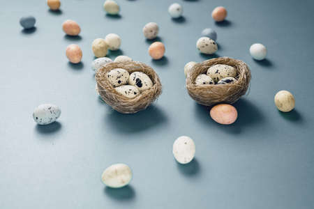 Easter composition with colourful Easter eggs in birds nest on blue backgroundの写真素材