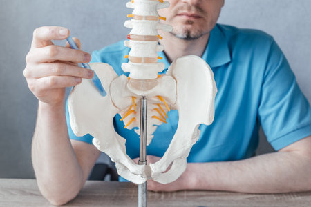 Male doctors hand pointing at the SIJ sacroiliac joint on skeleton spine model close-up,...