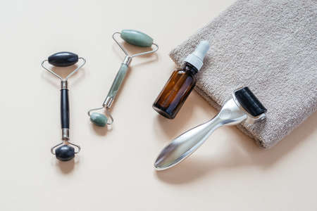 Derma roller, jade guasha massage rollers and serum bottle, home microneedling and skincare