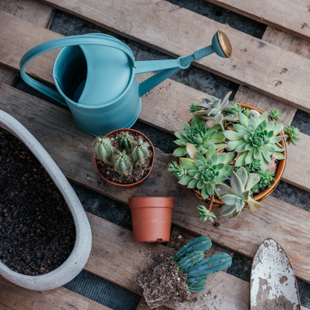 Potted succulents and cactuses ready to be replanted on wooden backgroundの写真素材