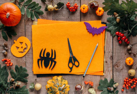 Halloween holiday crafts flat lay, spider, pumpkin and bat made of feltの写真素材